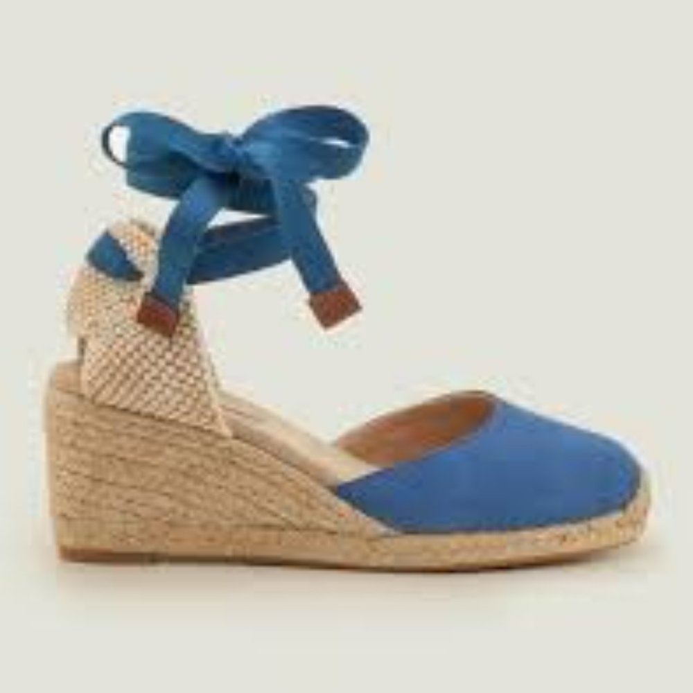 LIKE NEW BODEN BLUE SUEDE CASSIE ESPADRILLE WEDGES W/ ANKLE TIES-RETAIL $120-7.5